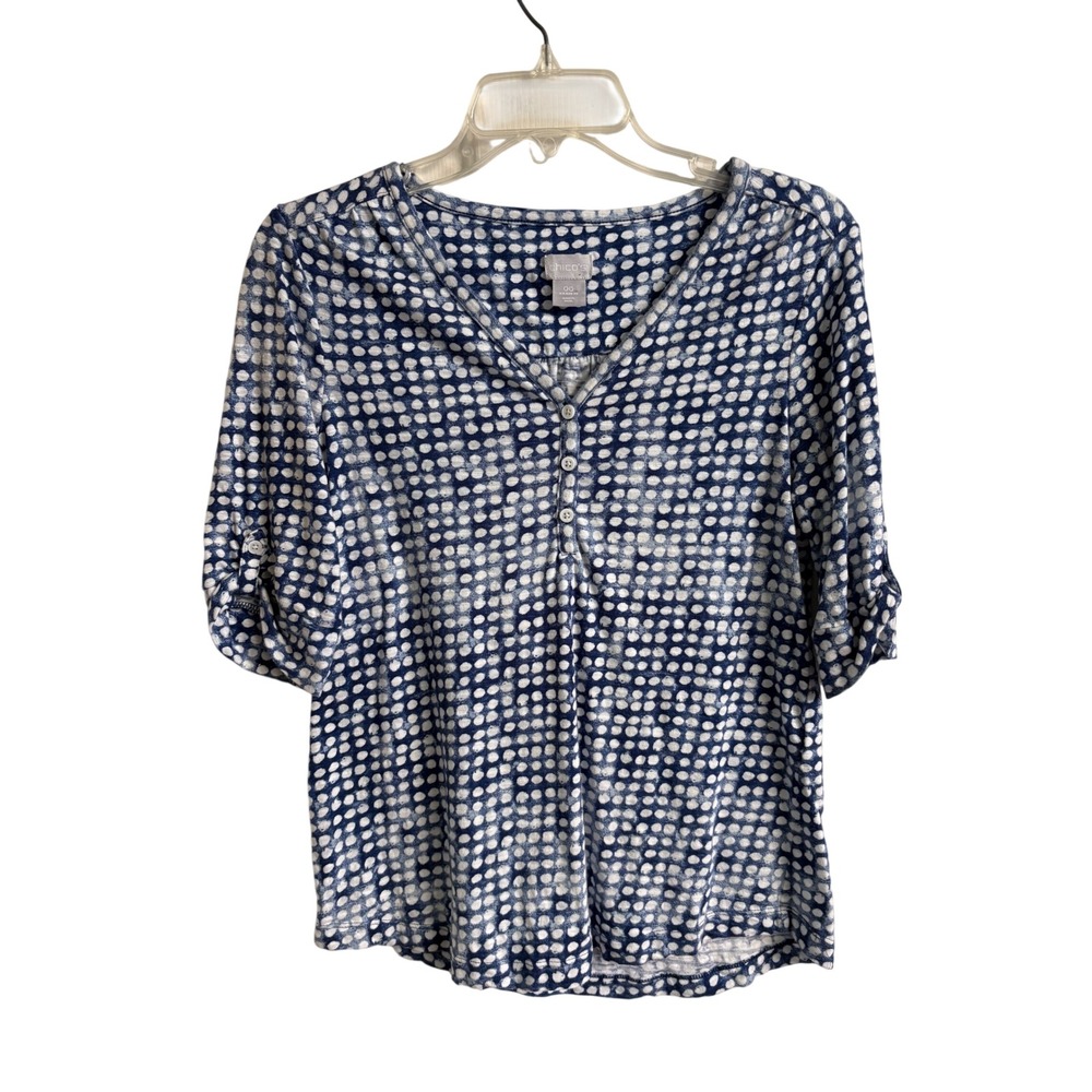 Chicos Blue White Polka Dot Roll Tab Sleeve Top Womens‎ 00 XS Coastal Preppy